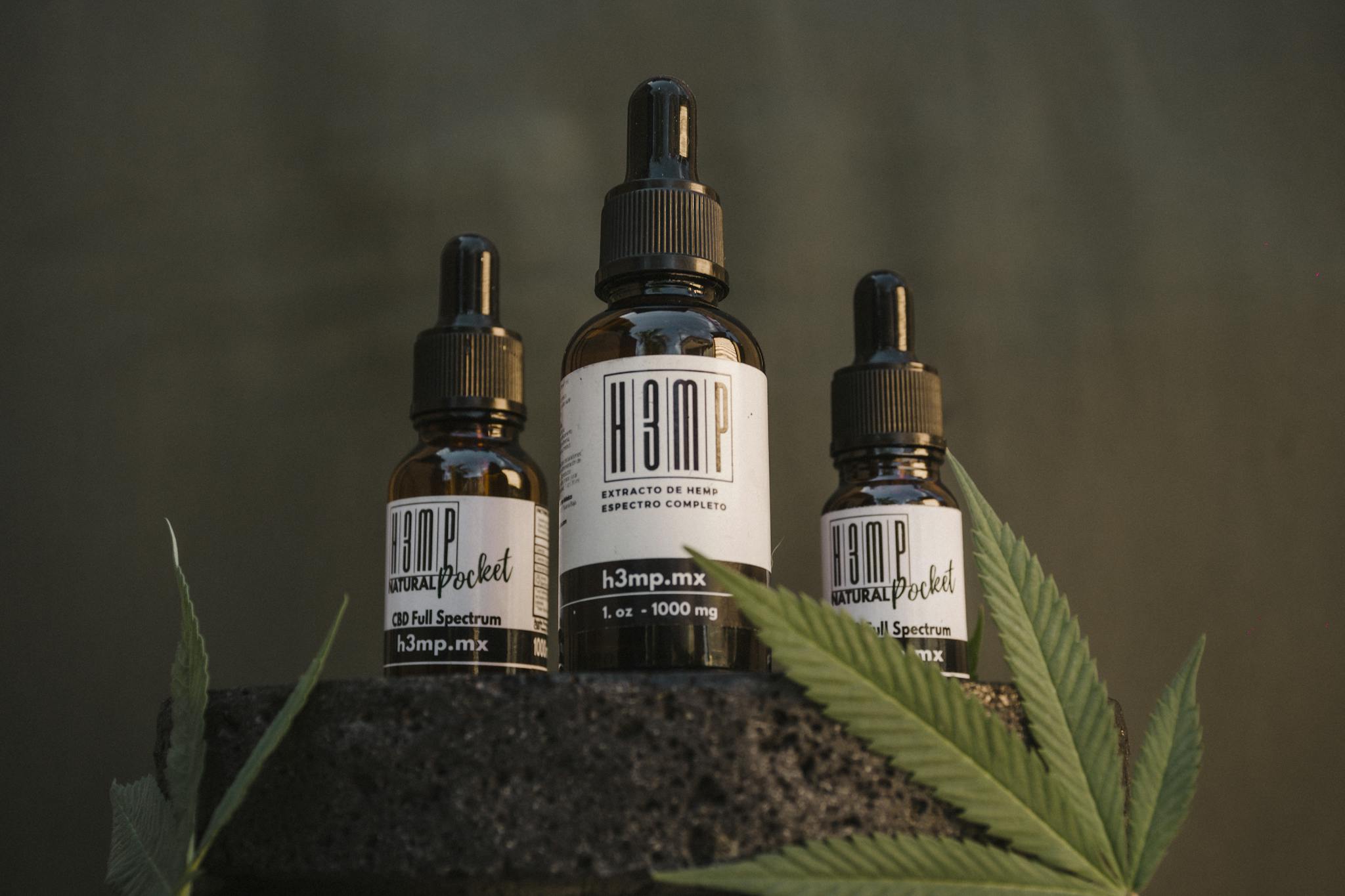 Close-up of CBD oil bottles with hemp leaves, capturing the natural essence of herbal medicine.